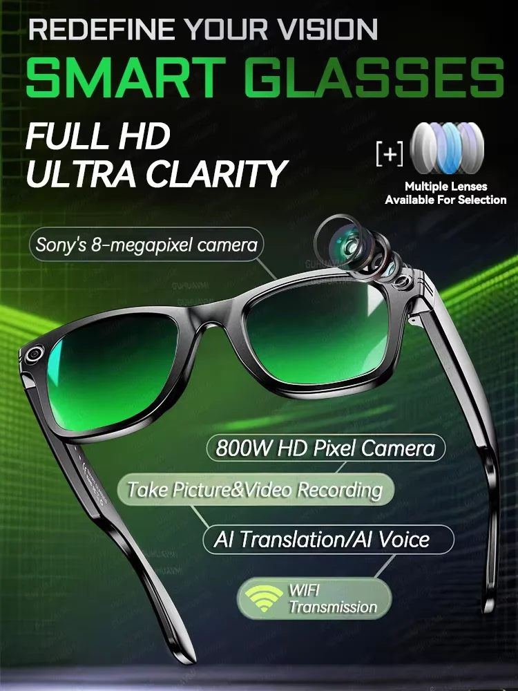 2026 Smart Glasses Heren 8MP Camera WiFi Bluetooth Touch Control IP67 Waterdicht AI Vertaling Geluidsdemping AI Bril Dames - afbeelding 2