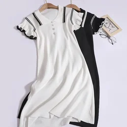 Women Summer Preppy Style Short Sleeved Turn-down Collar Knit Dress Buttons A-line Dress Contrast Color Cute Mid-Length Dress