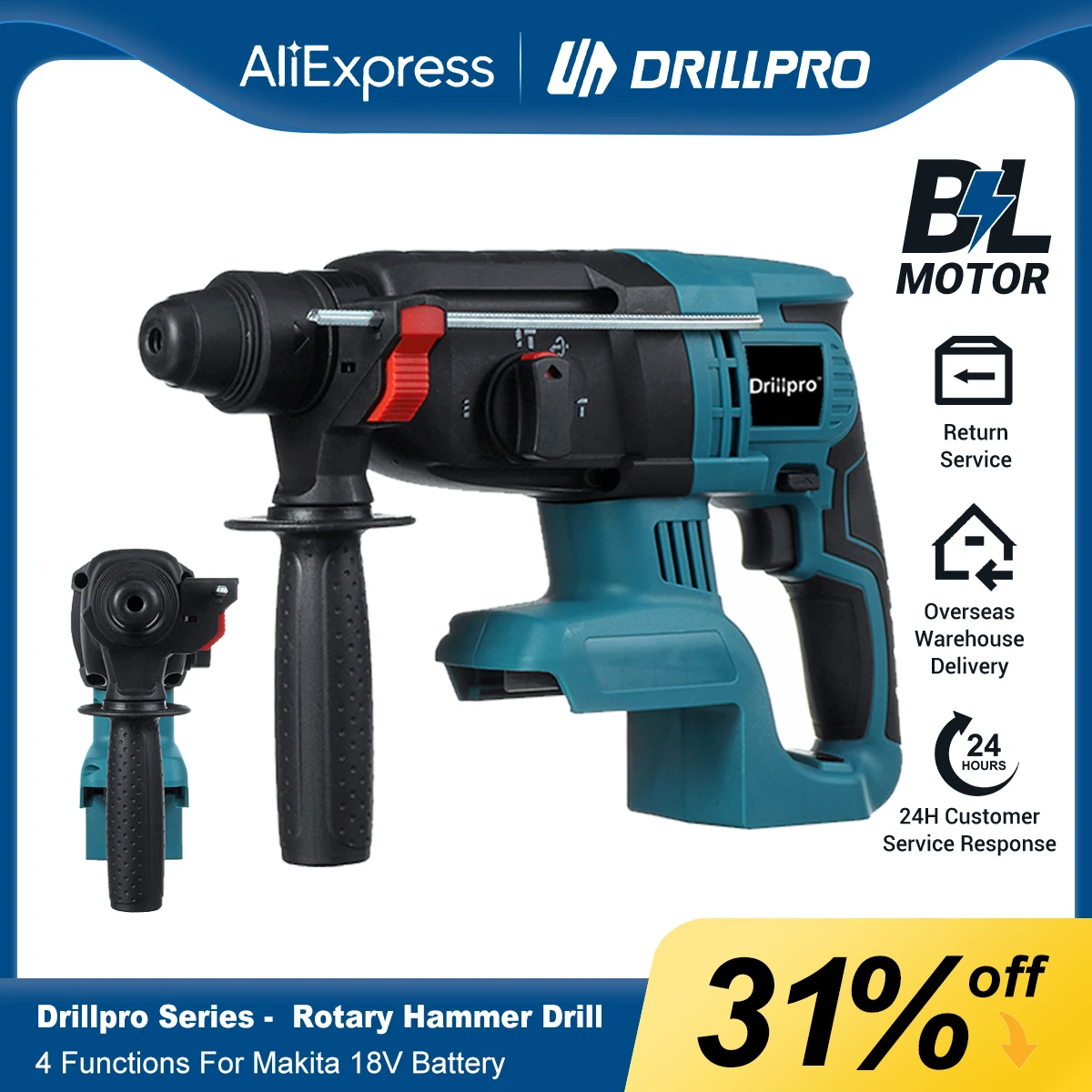 مثقاب مطرقة دوارة لاسلكي كهربائي Drillpro ، مثقاب ذو تأثير قابل لإعادة الشحن ، بطارية 18 فولت ، 4 وظائف ، 27 mak42