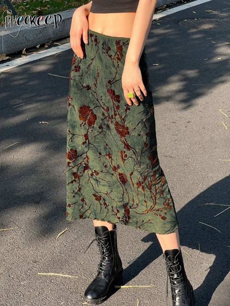 Weekeep Vintage Floral Print Long Skirt y2k Aesthetic Women Low Rise Straight Midi Skirts Casual Streetwear Outfits Retro Basic