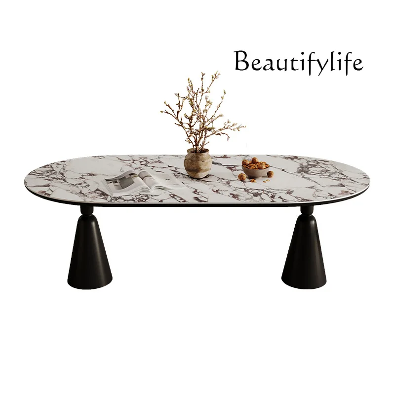 

French retro dining table rock slab oval household small apartment designer creative eating table