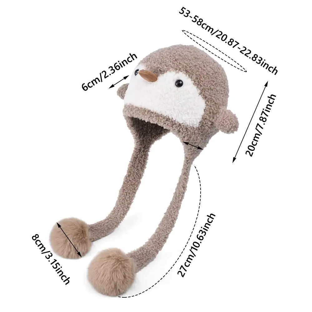 Gorro informal de invierno con pingüino de dibujos animados para mujer, gorro de punto versátil con protección para los oídos, gorro de esquí