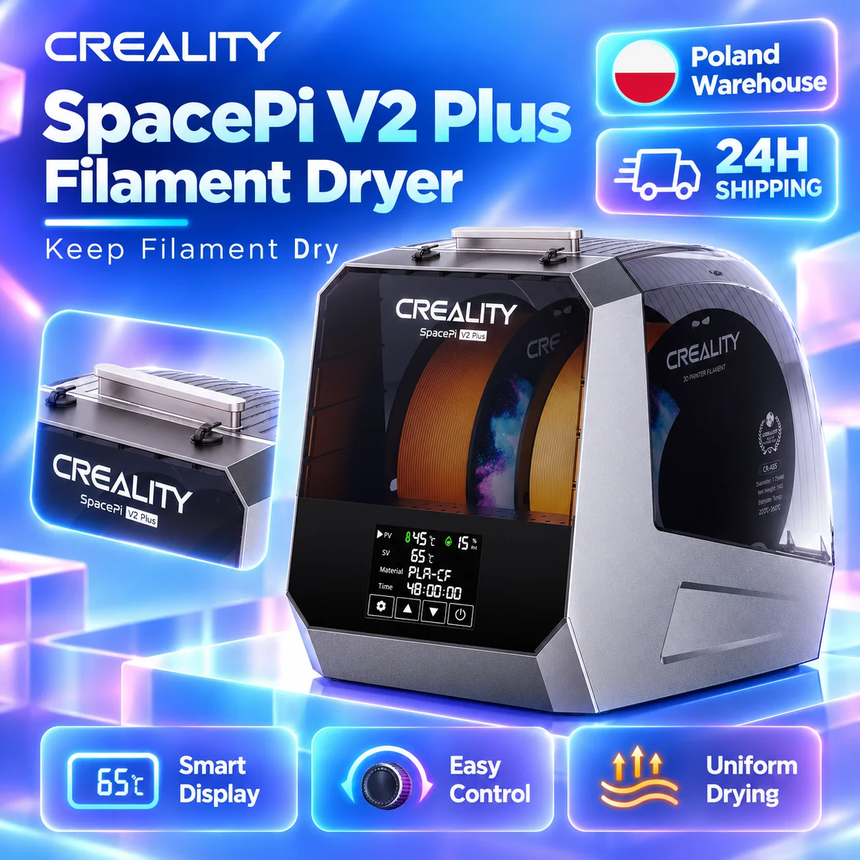 Creality Space Pi V2 Plus Filament-Trockner, 2 Spulen, verbesserte 3D-Drucker-Temperaturregelung, 45 ℃ -70 ℃   360 °   Heißluftbeheizung 0-48h