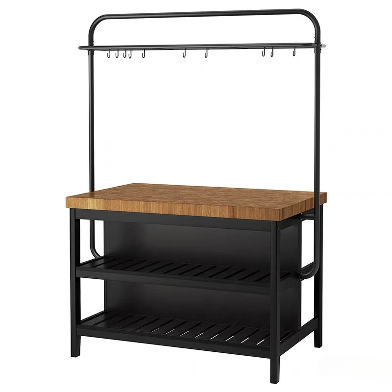 

Open kitchen mobile cooking table with rack island table cabinet wrought iron solid wood cabinet bar counter