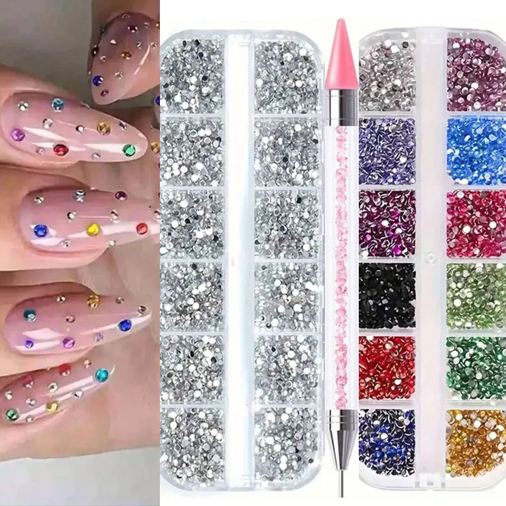 2Boxes Colorful & White Flatback Nail Art Rhinestones Round Multi-Size Glitter Gemstone Nail Art Decoration Manicure Accessories