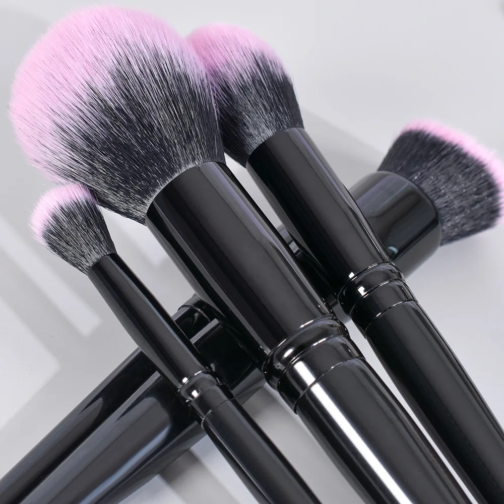 Escovas de maquiagem preta profissional, cabelo rosa natural, contorno em pó Foundation, sombra Make Up Brush, logotipo de impressão livre, 6 conjuntos