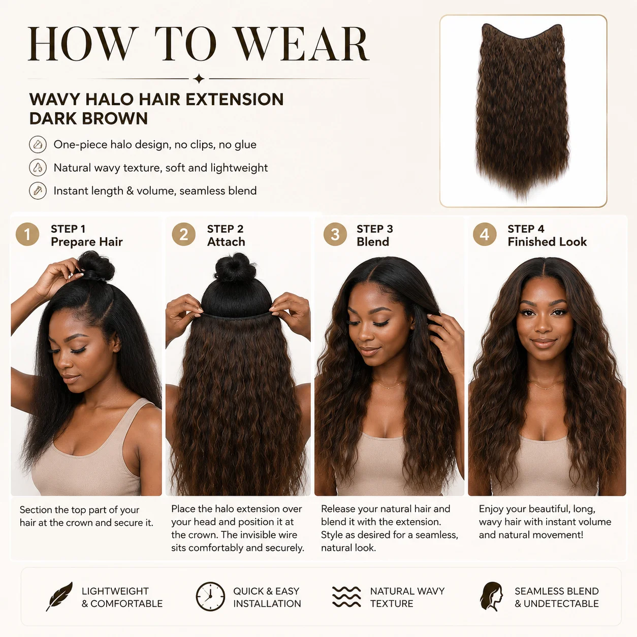 24Inch Long Wavy Invisible Wire Halo Hair Extensions 130g Synthetic Heat Resistant High Temperature Fiber Lightweight Hair - view 6
