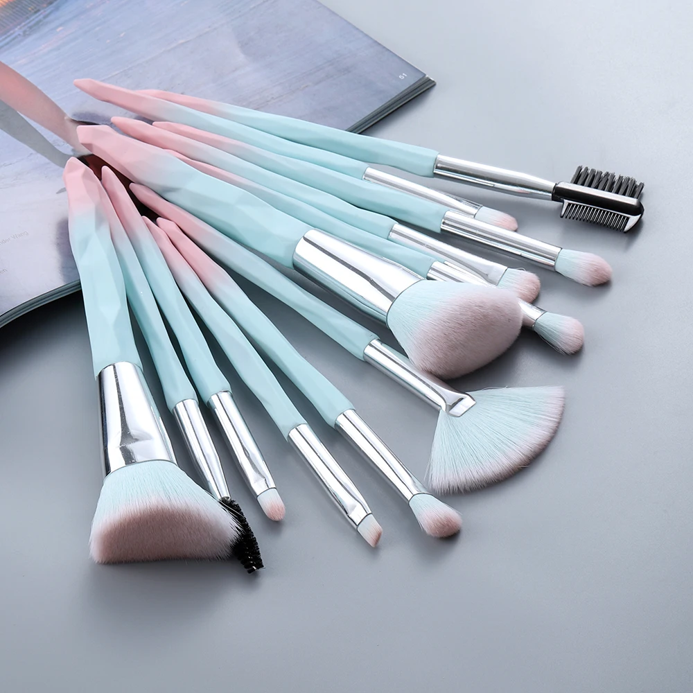 Conjunto de pincéis de maquiagem azul, rosto, olhos, lábios, sombra, sobrancelha, pente, cílios, base, pó, ferramentas, cosméticos