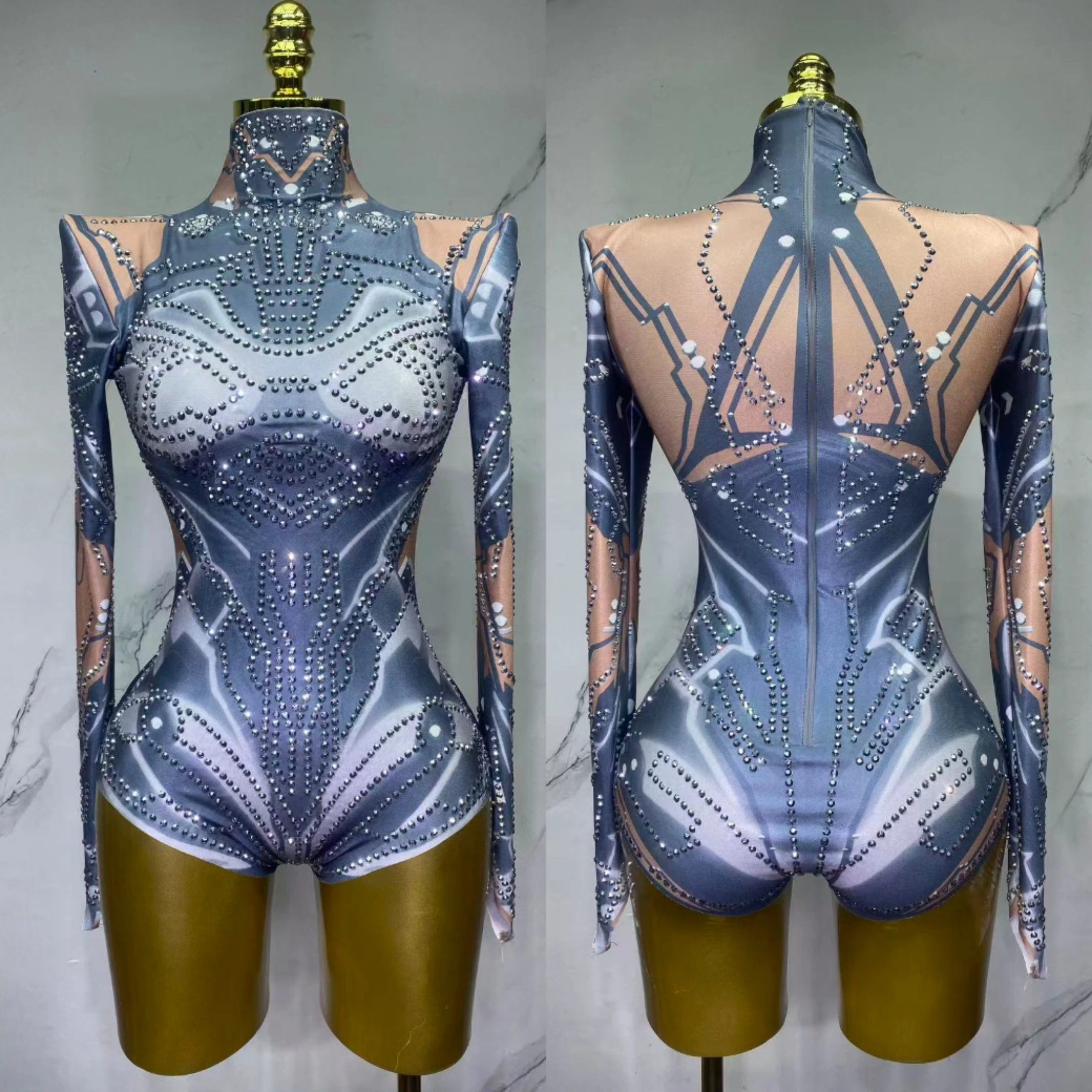 Zilveren strass stretch bodysuits met lange mouwen voor dames sexy avond luxe feest nachtclub toneelkostuum bodysuit - afbeelding 1