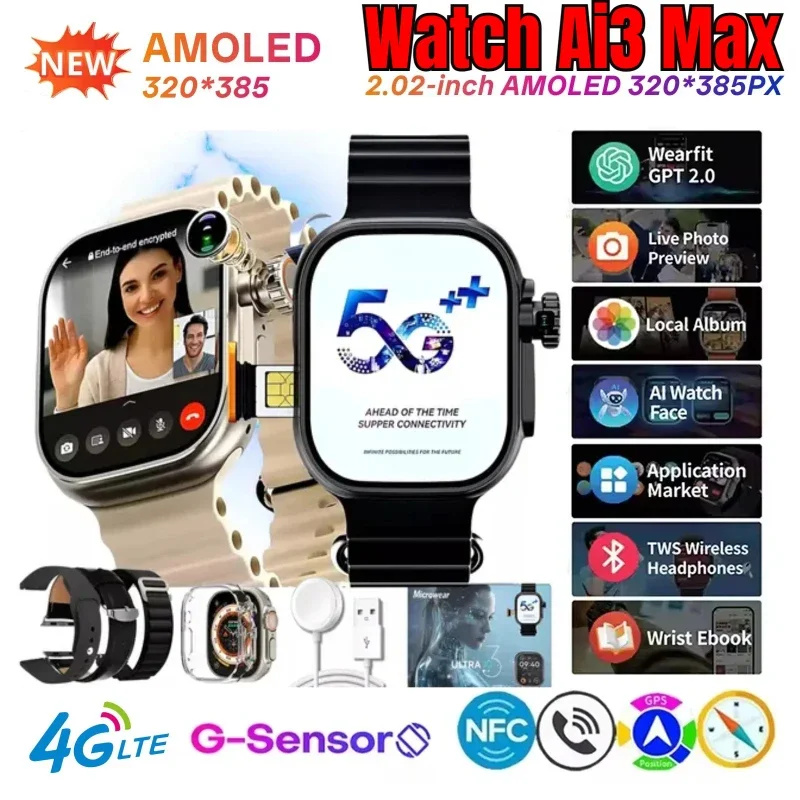 

New smartwatch for Men and Women Ultra Ai 3 Android standalone sim card GPS Bluetooth WIFI app Download motion monitoring