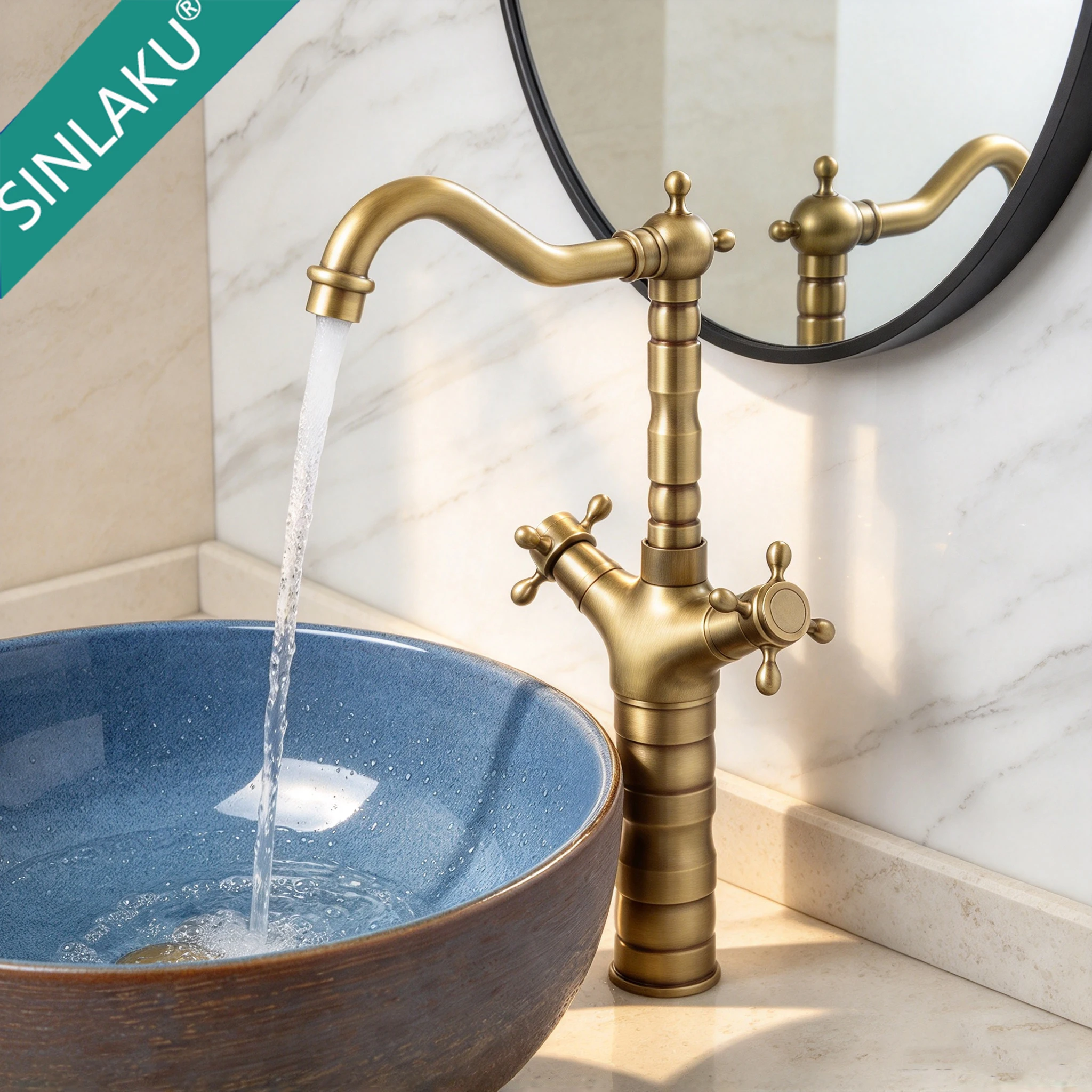 SINLAKU Antique Brass Bathroom Basin Faucet Dual Handle Hot Cold Water Mixer Tap 360° Swivel Spout Retro Vessel Sink Faucet