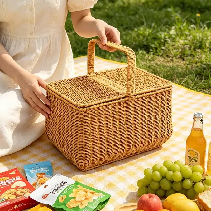 Wicker-Style Rattan-Braided Holiday Guangxi Outdoor Picnic Basket Handheld Storage Mushroom-Picking Oval Factory Direct Sales
