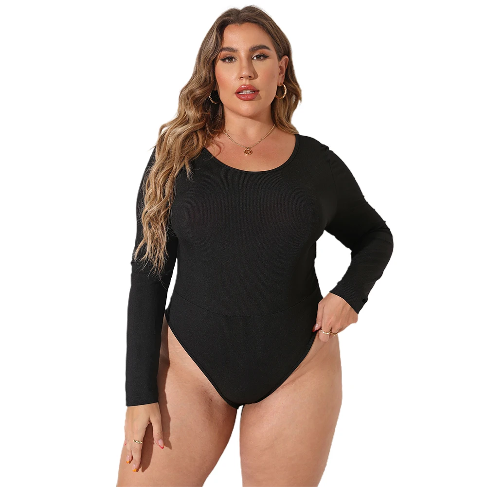 Kobiece body Plus Size damskie na co dzień z długim rękawem Bodycon body z dekoltem w kolorze czarnym dzianina żebrowana