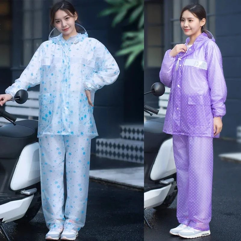 

Fashion Transparent Raincoat Rainpants Set Thick PVC Plastic Soft Waterproof Hooded Rain Poncho Outdoor Riding Hiking Stormproof