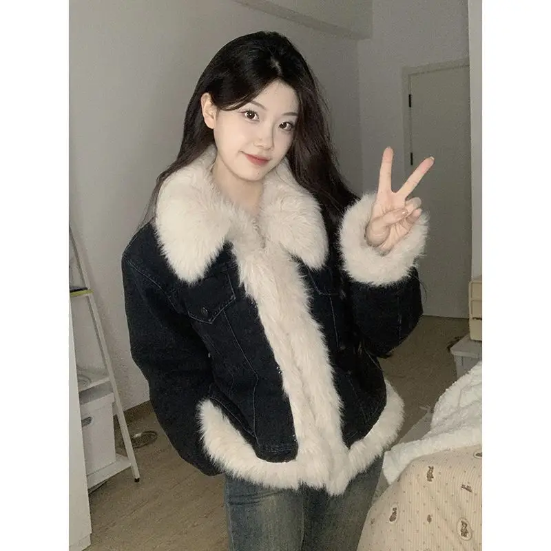 

Джинсовые пальто для женщин, длинные меховые плюшевые женские осенние модные минималистичные уличные трендовые стеганые куртки на шнурке