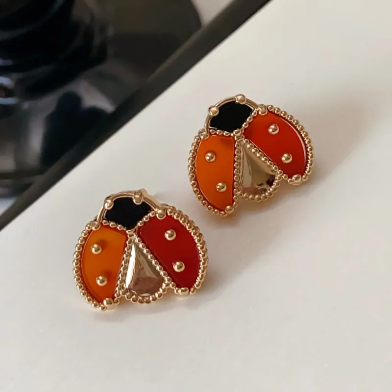 Red agate stone ladybug stud earrings for women insect earrings for kids cute kawaii jewelry luxury designer jewelry