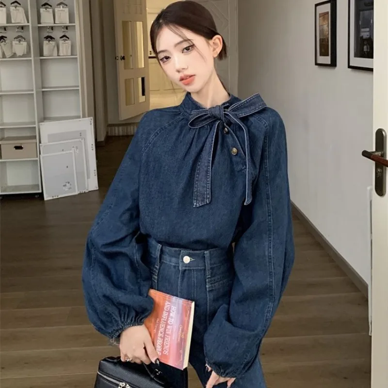 

Women's Retro Denim Blouse Bow Tie Lantern Sleeve Loose Casual Shirt