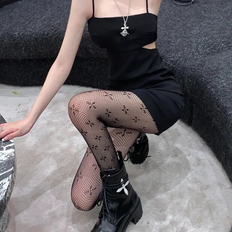 ผู้หญิงหญิงสาว Goth Punk เซ็กซี่ Sweet Clover Fishnet Pantyhose ถุงน่อง Harajuku Cross รูปแบบ Tights ขนาดใหญ่ถุงน่องตาข่าย Leggings