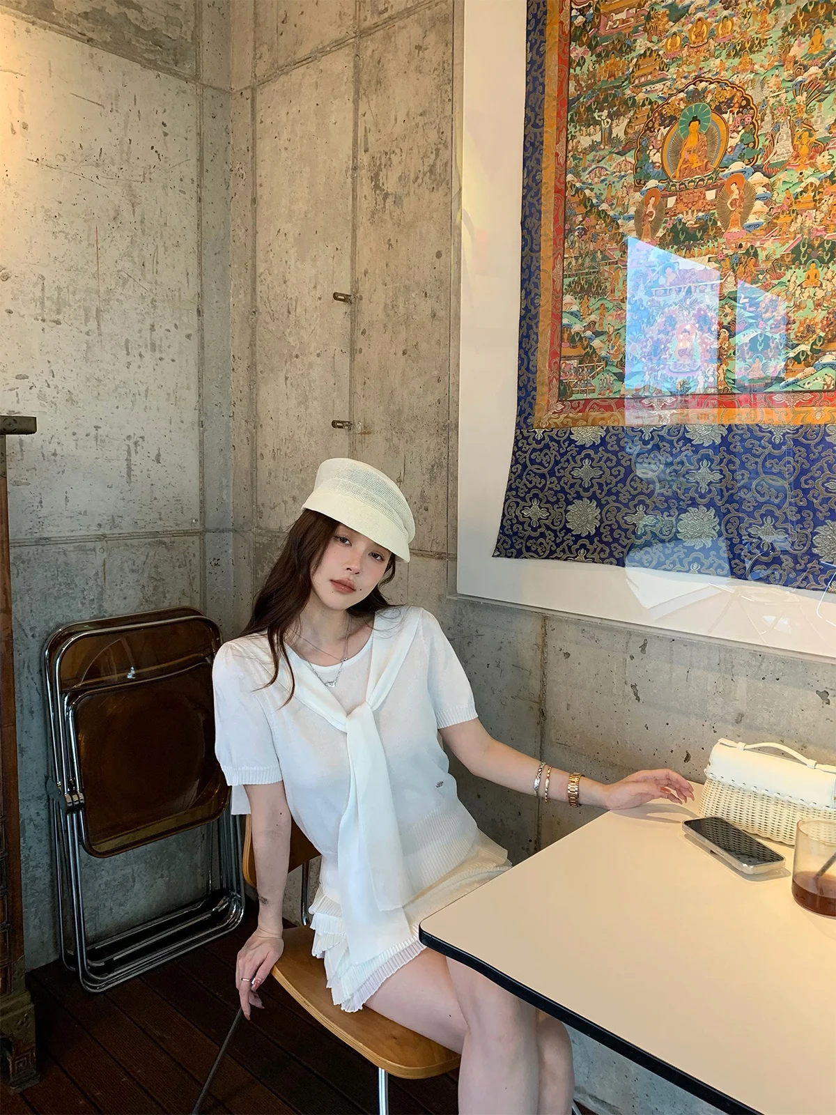 

Florz Playa High School Big Sister White Fake Two-Piece T-irt Women Summer awl Knitted Top Korean Sle Pure Color Slim Fit