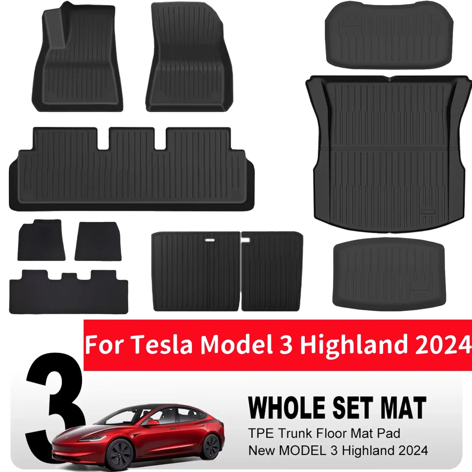 

For Tesla Model 3 2024 Highland Floor Mats Cargo Liner Waterproof Anti-slip Trunk Mat TPE Pads Model 3 2024 Highland Accessories