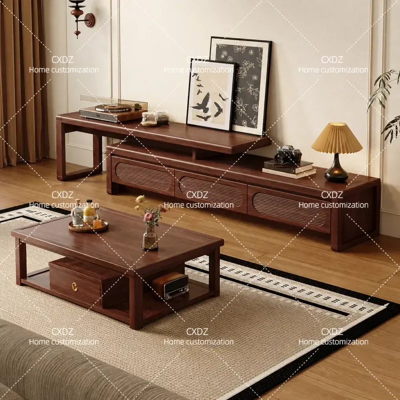Black Walnut TV Cabinet Chinese Simple Solid Wood Living Room Storage Locker Small Apartment Coffee Table and TV Stand