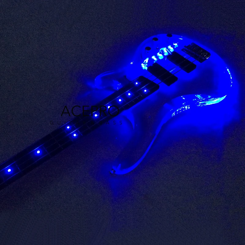 Blue LEDs Light 4 String Acrylic Electric Bass Guitar, Rosewood Fingerboard, Maple Neck, High Quality, Free Shipping