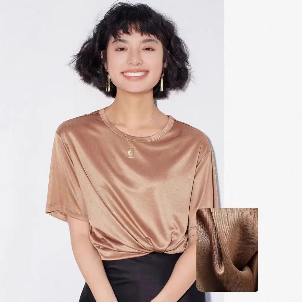

Women's Japanese Triacetate T-shirt Summer Basic round Neck V-neck Solid Color Satin Silky Cool Short Sleeve All-match