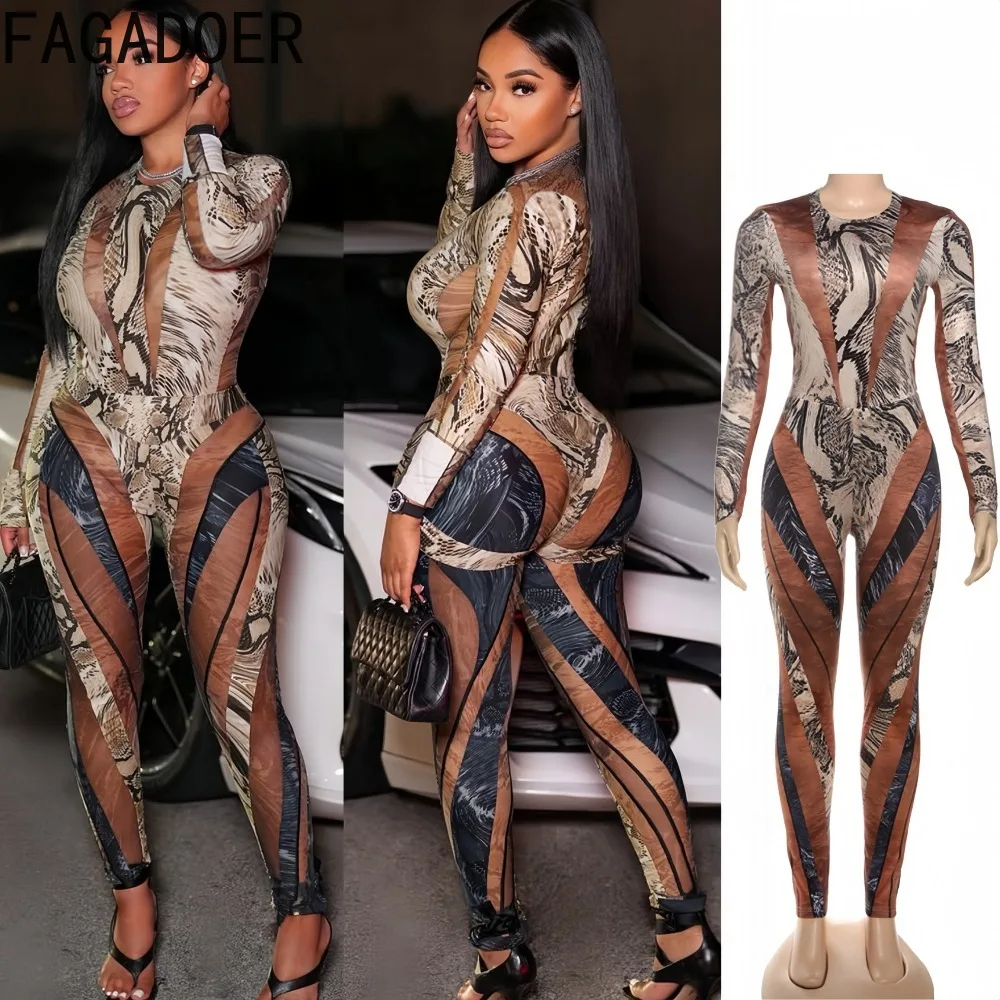 

FAGADOER Sexy Serpentine Printting Bodycon 2 Piece Sets Woman Outfit Long Sleeve Playsuits + Pants Matching Female Streetwear
