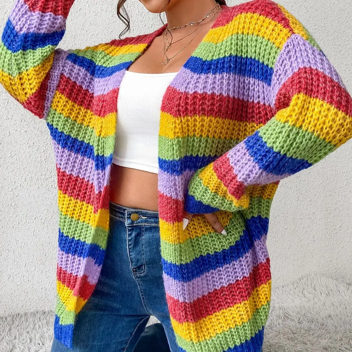 Plus  size Women\'s Plus Rainbow Striped Pattern Drop Shoulder Duster Cardigan