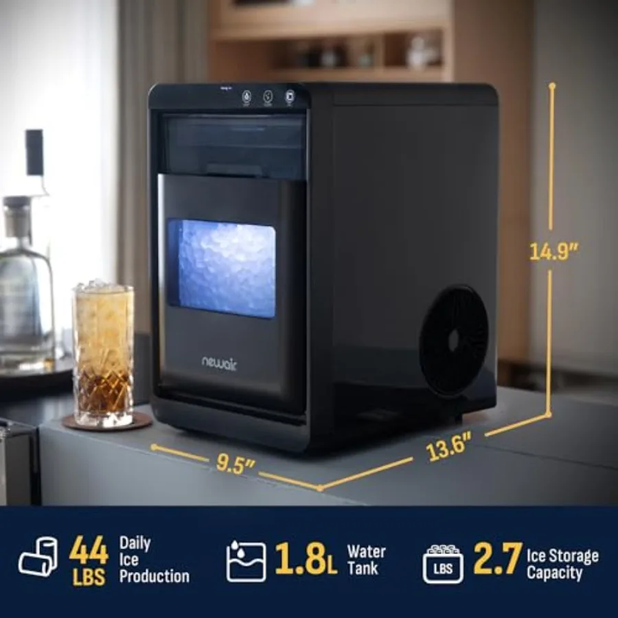 Macchina per il ghiaccio da appoggio Nugget 44 libbre in 24 ore Macchina per il ghiaccio autopulente in acciaio inossidabile nero per la casa Bar Cucina RV Home Off