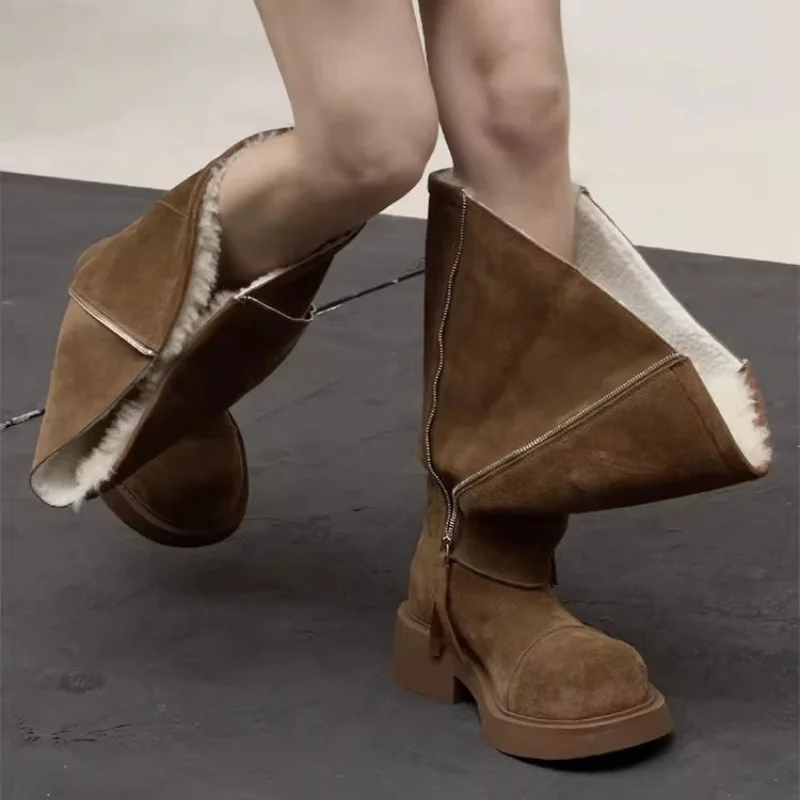 

Thick Heels Large Walled Hairy Long Tube Snow Boots for Women Big Round Toe with Relaxed Feeling Plush Insulation Piled Up Boots