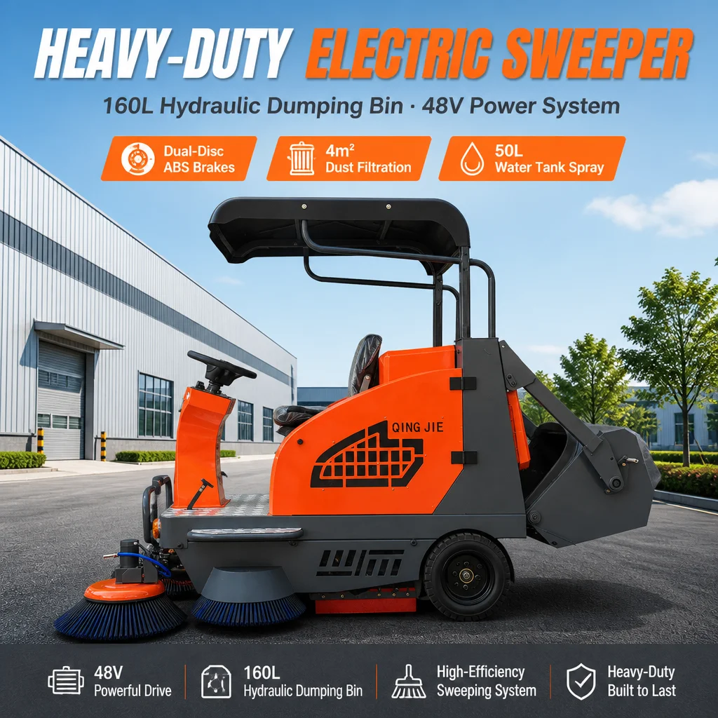Industrial Electric Floor Sweeping Vehicle 10000m²/h Heavy Duty Street Sweeper with 50L Water Spray & Hydraulic Tipper