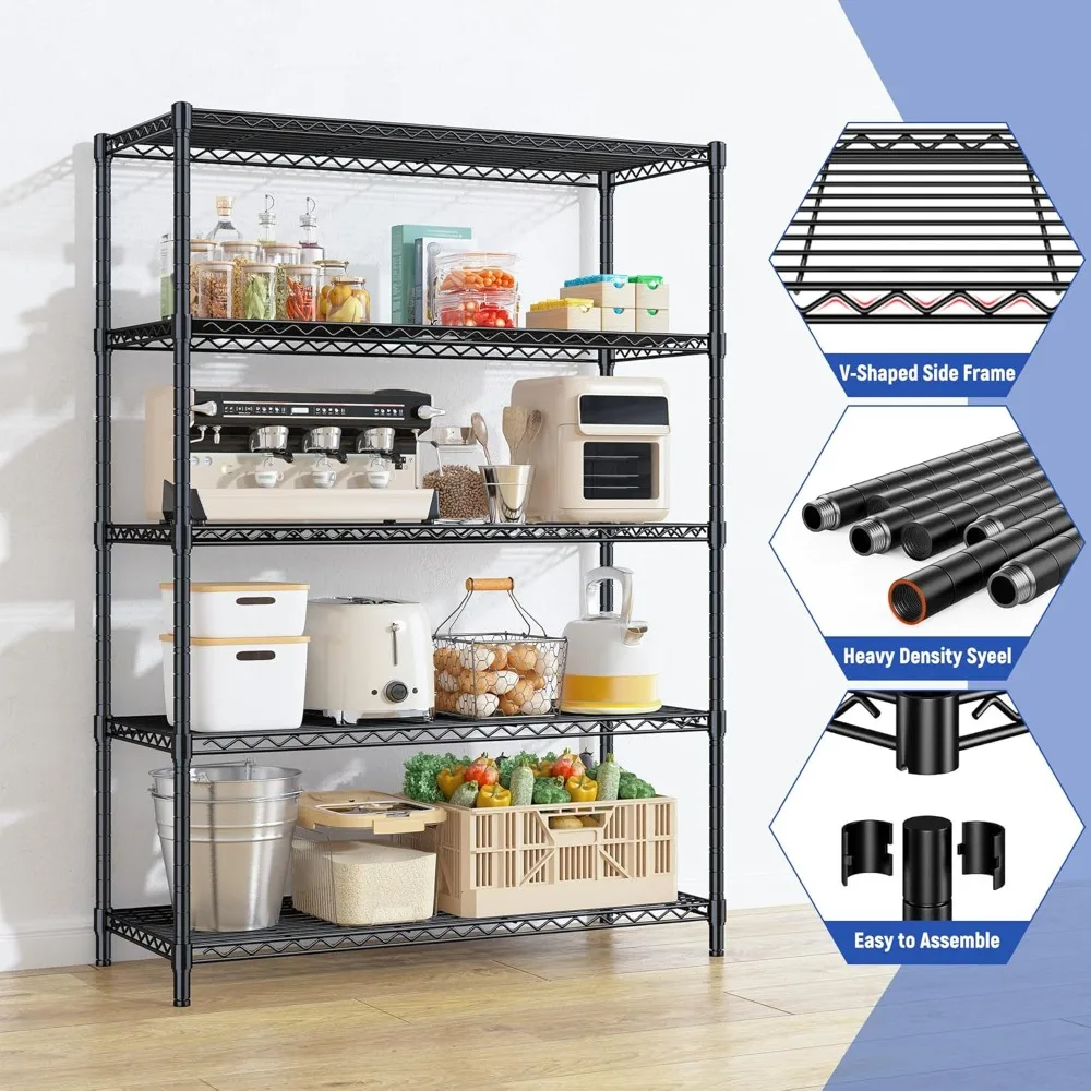 5 Tier Storage Shelves 71"H Wire Shelving Adjustable Metal Shelving,1000LBS Pantry Shelves Sturdy Steel Wire Shelf for Kitchen