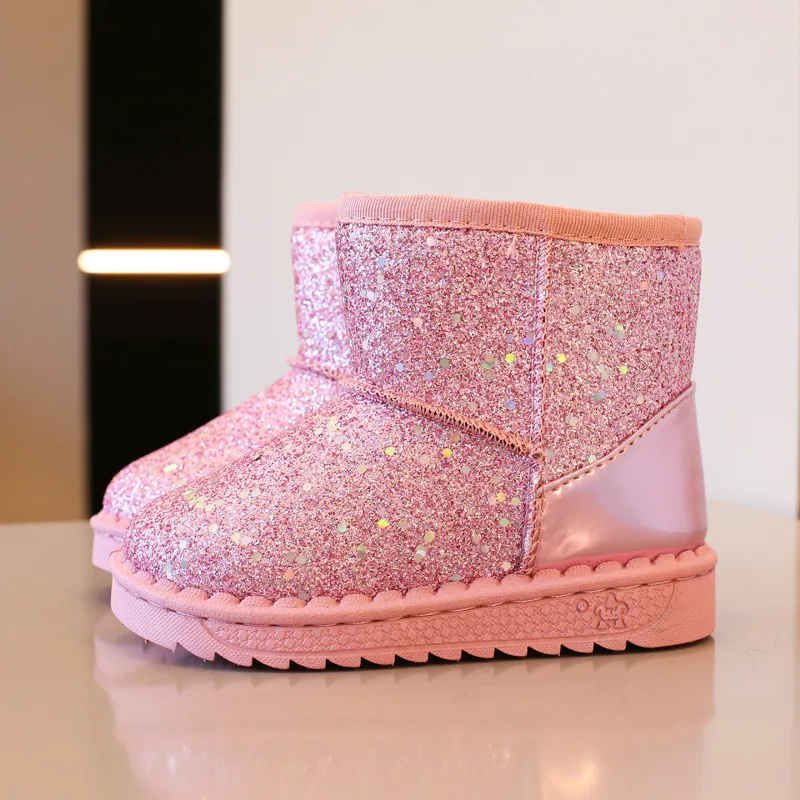 Girls Snow Short Boots Winter Children's Shoes New Sequins Princess Cotton Shoes Kids Girls Baby Toddler Flat Warm Cottons Boots