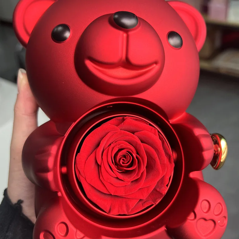 Caixa de presentes de urso de pelúcia rosa eterna com colar girar rosa caixa de jóias dos namorados armazenamento de casamento caso de presente para mulher namorada