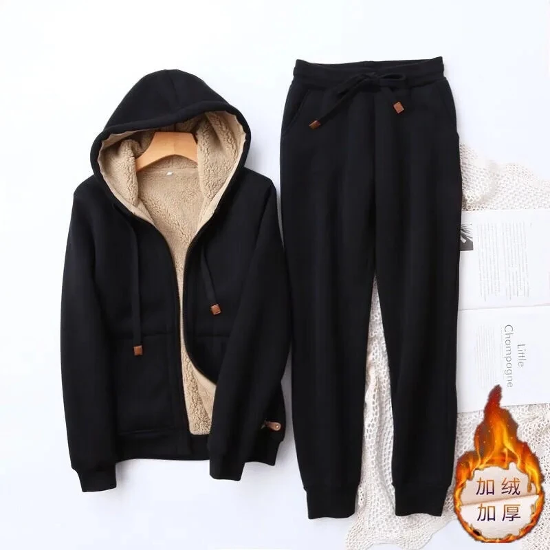 Sports Suit Women 2024 Winter New Plus Velvet Thick Loose Casual Suits Female Large Size Hooded Warm Wide leg Pant 2 Piece Set