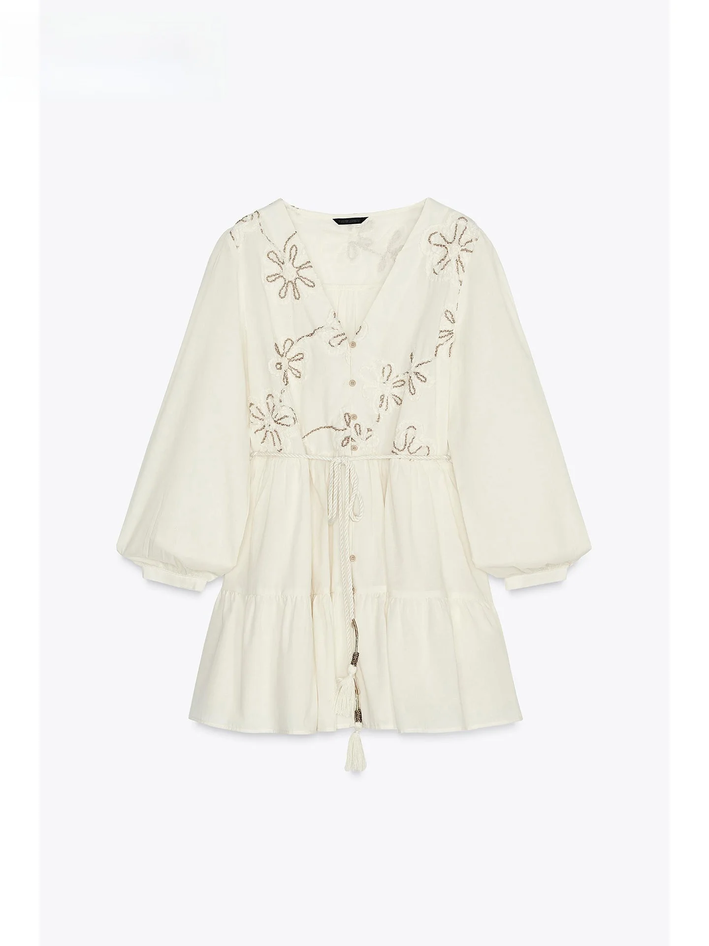 ZAPRHA Summer 2025 New Sle ort Embroidered Floral Dr Ele Slimming A-Line Skirt Long Sve V-Neline Casual Dr