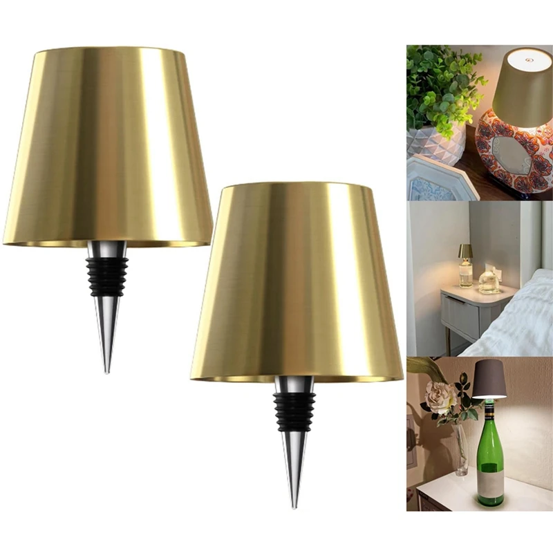 Lâmpada garrafa recarregável sem fio, escurecimento stepless, toque, 3 cores, 2pcs, ouro