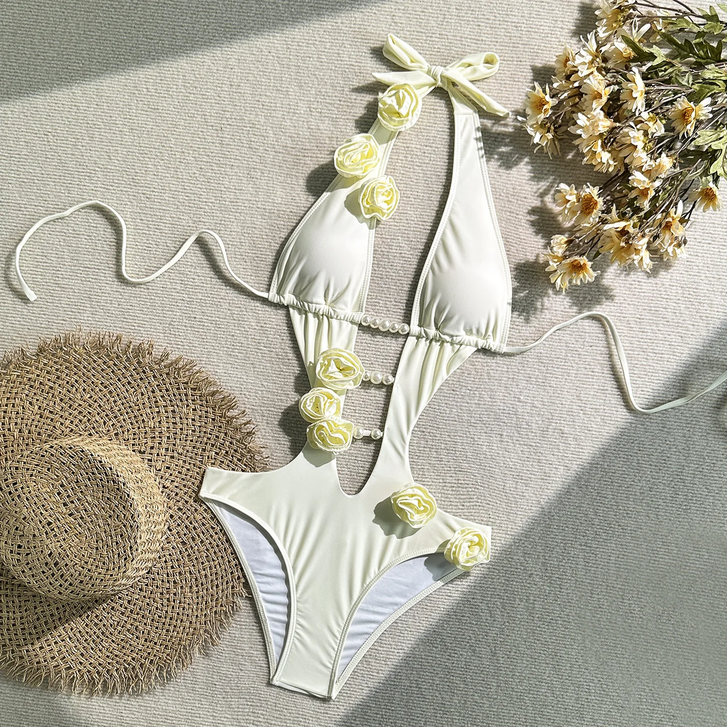 Trajes de baño sexis con cuentas de flores en 3d, bikinis de una pieza con lazo halter, bikinis, trajes de baño, biquini para mujer, trajes de baño tankini