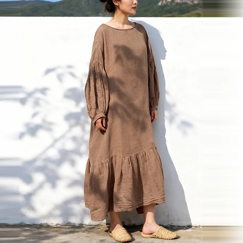 

Новое женское длинное платье оверсайз из хлопка и льна, весна 2026, винтажный стиль, с круглым вырезом, однотонное, свободное, повседневное, M2406