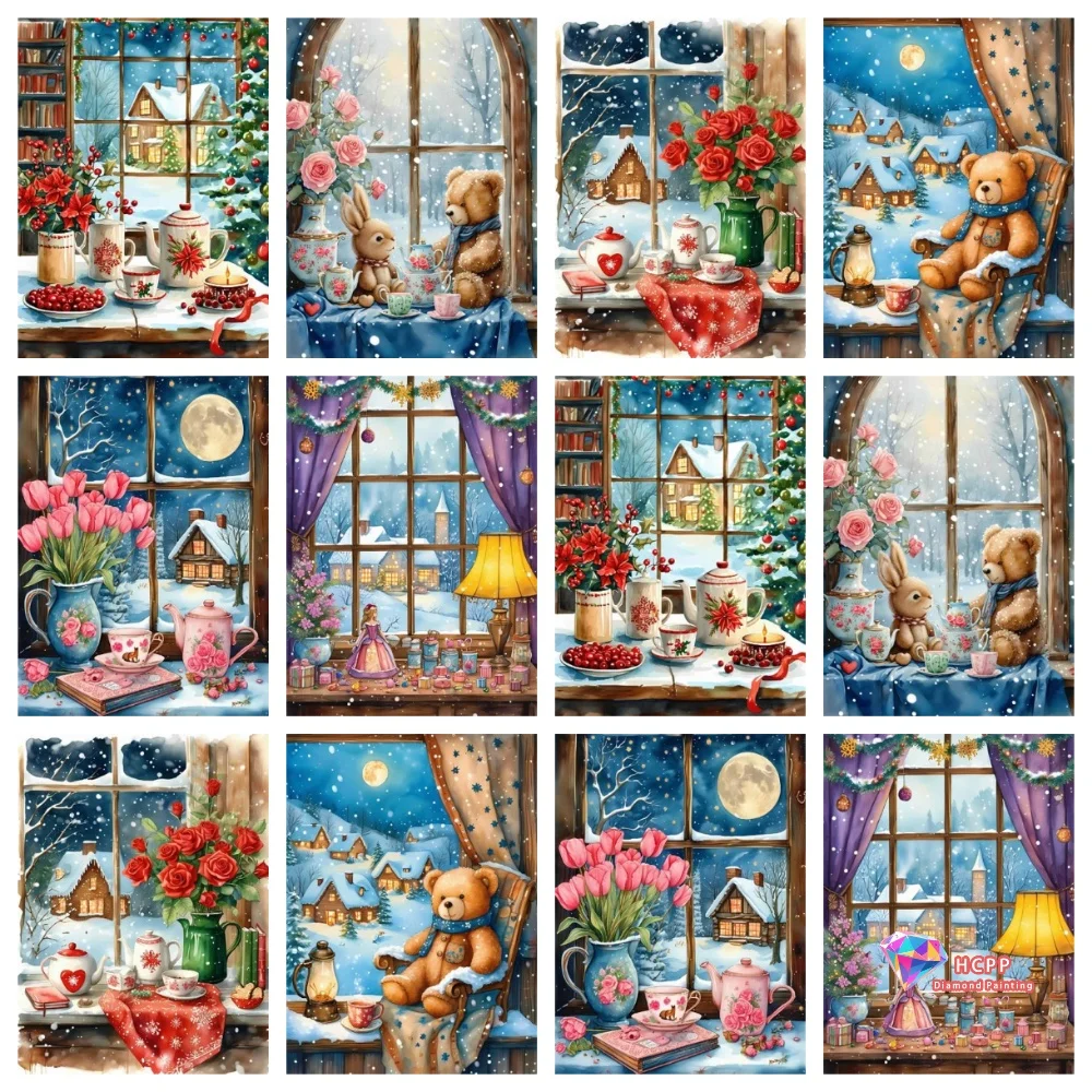 Quadratische runde Diamant-Malerei-Sets, Weihnachten, Winter, Landschaft, Mosaik, Fenster, Blume, Mond, Cartoon, Bär, Schnee, DIY, Hobby, Dekor, Zuhause