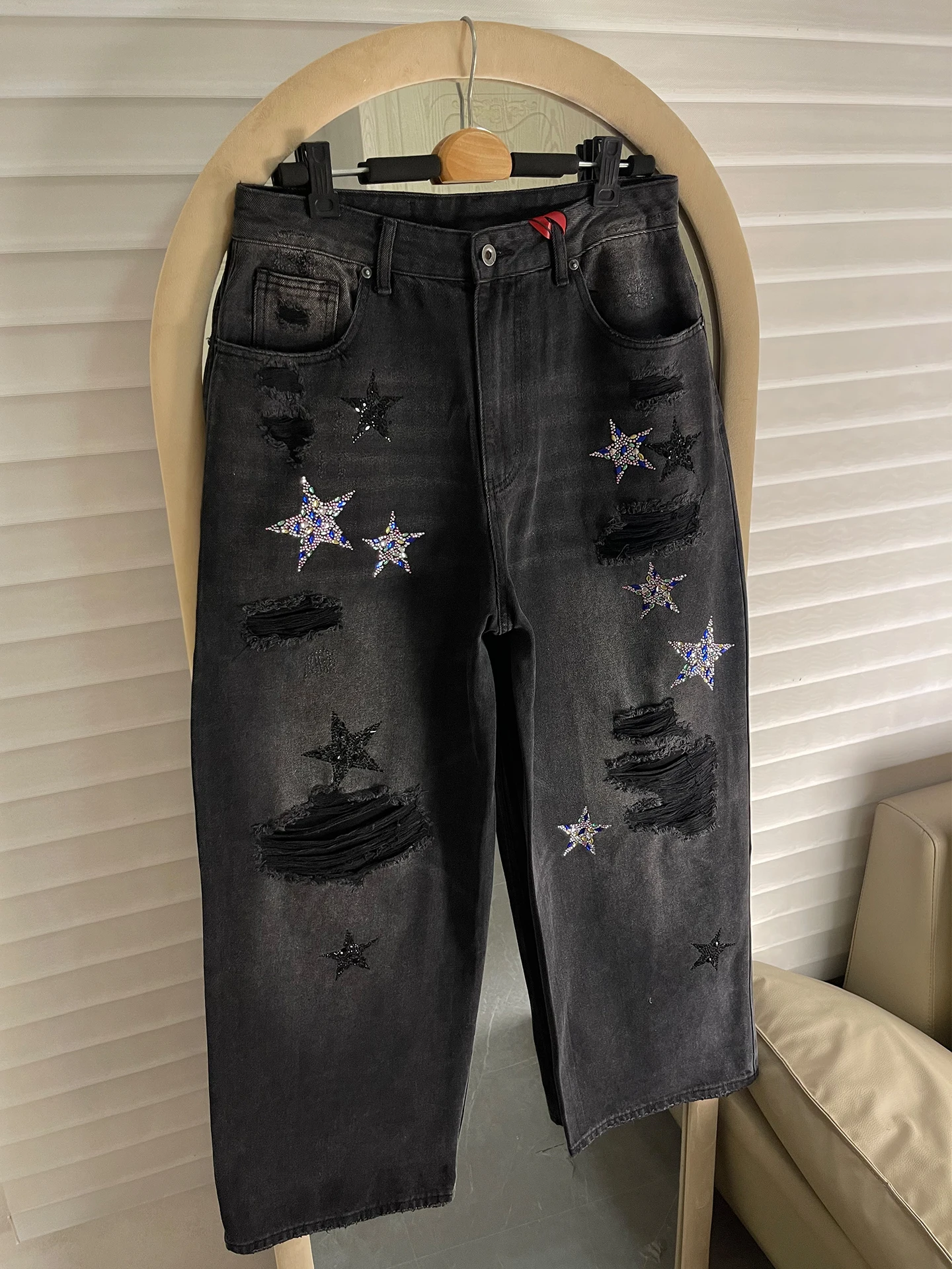 

Американские винтажные джинсы со стразами в стиле Star, рваные, свободные, широкие, прямые, повседневные, для молодежи