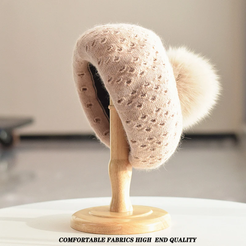 

Beret Women Winter Angora Knit Hat Pompom Warm Accessory For Autumn Outdoors Sports Cold Weather