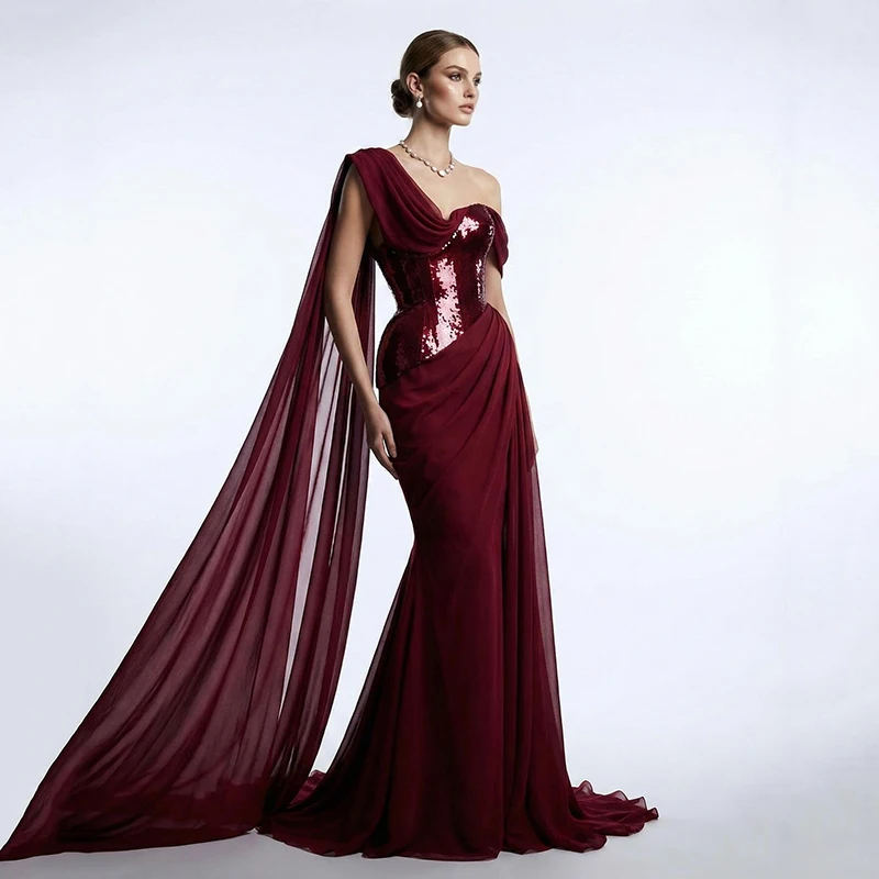 

Thinyfull Sexy Mermaid Long Prom Evening Dresses One Shoulder Sequines Party Dress Chiffon Night Cocktail Prom Gowns Customized