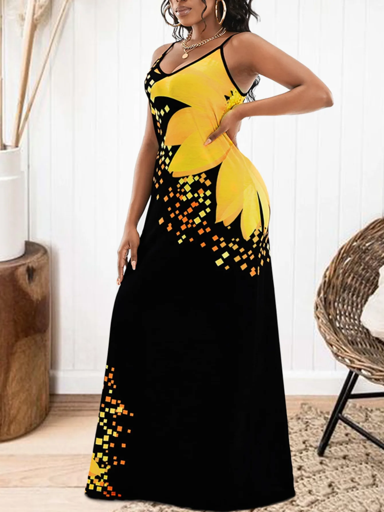 LW Sunflower Print Cami Maxi Dress Women Summer Maxi Dresses Floral Sleeveless U Neck Ankle Length Dresses for Vacation