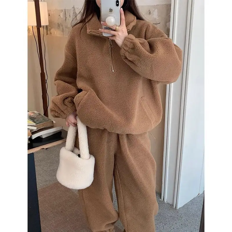 2023 Korean Spring Autumn Retro Lamb Fleece Standing Neck Zipper Drawstring Sweater+Elastic Waist Strap Casual Pants Set