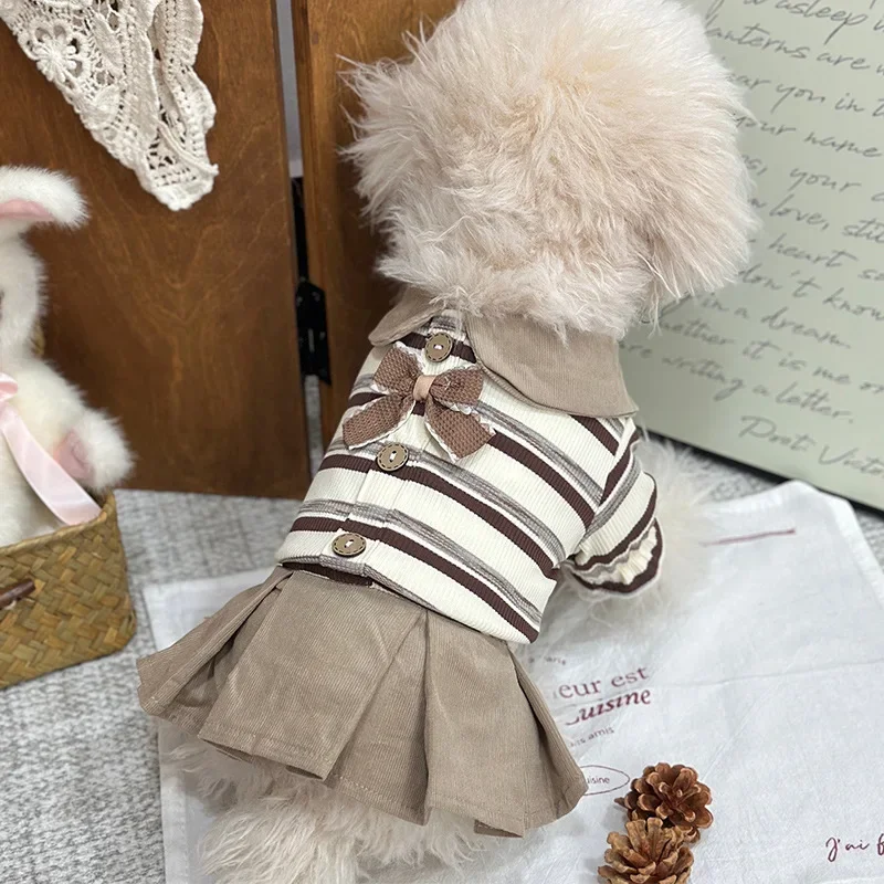 Preppy Style Dog Striped Lapel Shirt Fashion Winter Dress Knitted Corduroy Cardigan Teddy Skirt Puppy Dogs Dress for Small Dogs