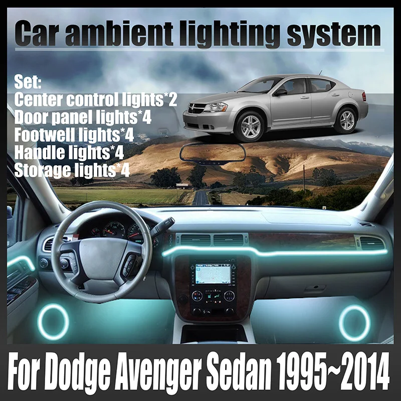 Luces LED Ambientales para Dodge Avenger Sedán 1995~2014, Luces de Atmósfera Coloridas, Tira de Neón Interior para Auto, Iluminación RGB de 64 Colores