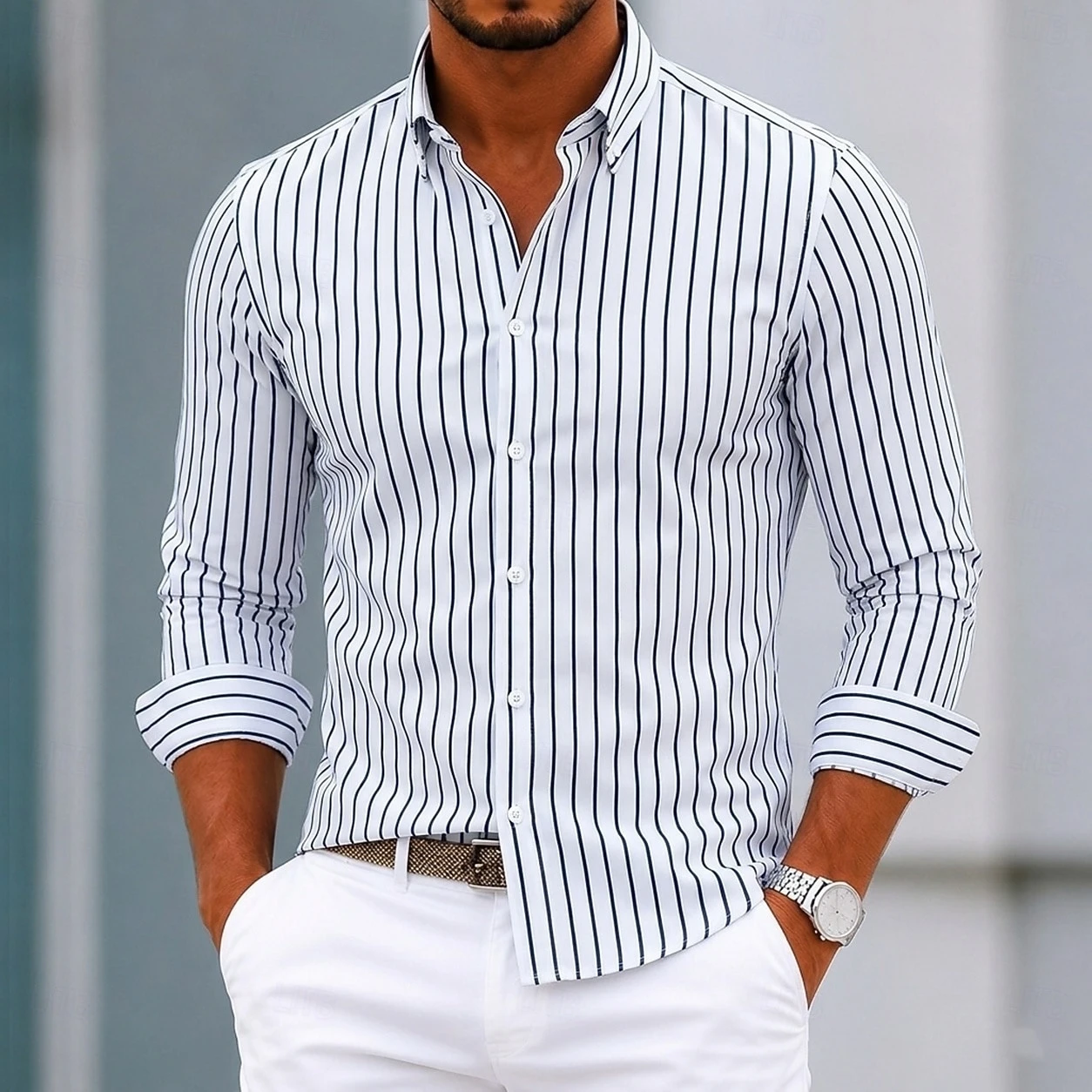 Men's black and white checkered long-sleeved shirt, collared checkered shirt, versatile business casual men's top.