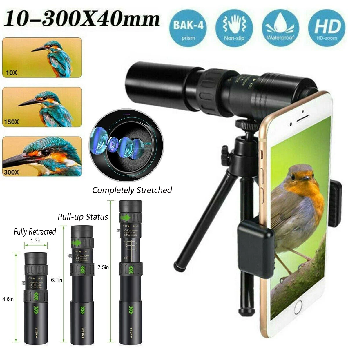 

2024 10-300X40 Professional Monocular Super Zoom Telescope with Triop & Clip BAK4 Prism & FMC Len Portable Binocular for Camping